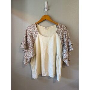 Umgee Babydoll Top Womens Large Floral Linen Blend Ruffle Sleeve Cream Boho